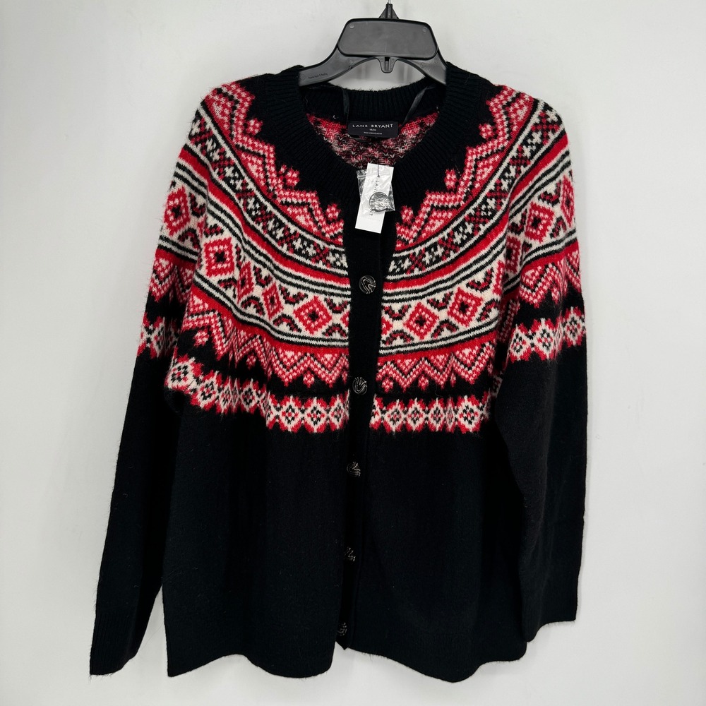 Lane Bryant Fair Isle Cardigan Sweater Black Red White Plus Size 18/20 Cozy New